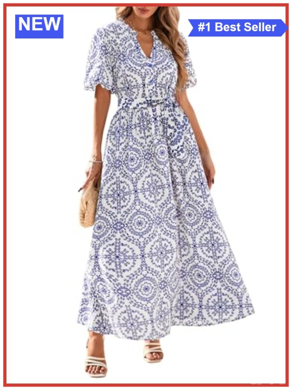 KIRUNDO Women's Boho Floral Maxi Dress V-Neck Puff Sleeve Summer Wedding Guest
